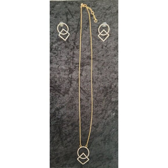 J. Crew Gold Tone Pave' Crystal Circle and Square Earring and Necklace Set-Excel - Picture 1 of 5